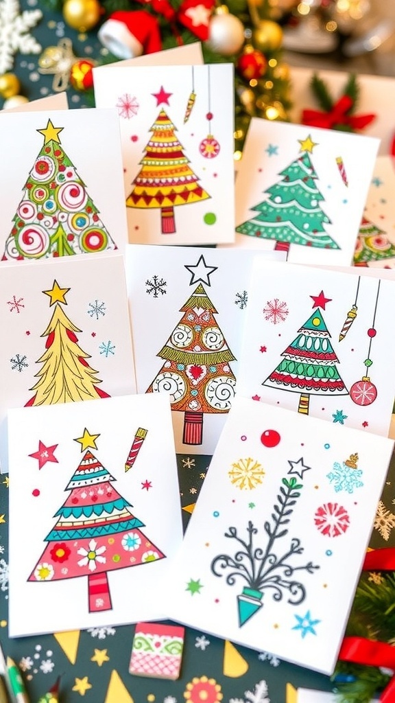 Handmade Christmas cards with colorful doodle art designs on a festive table.